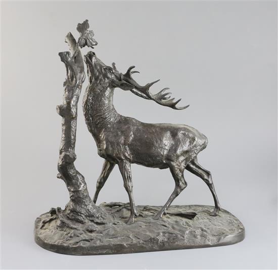 Pierre Jules Mene. A bronzed model of a stag beside a tree trunk, height 15in.